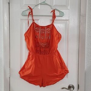 O’Neill Orange Eyelet Lace Romper Tie Shoulder Boho Beach Coverup Size M